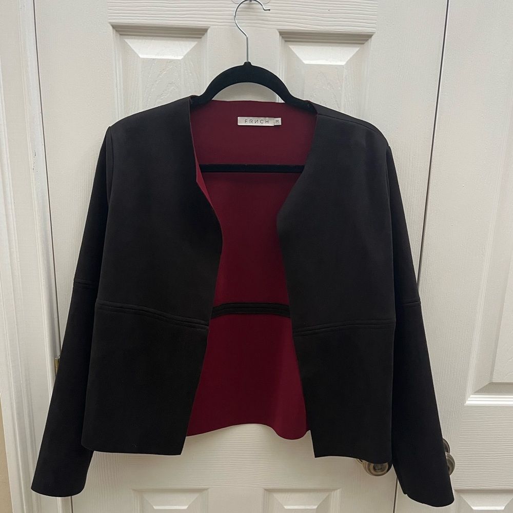 Frnch women’s open front black suede feel lightweight blazer size medium
